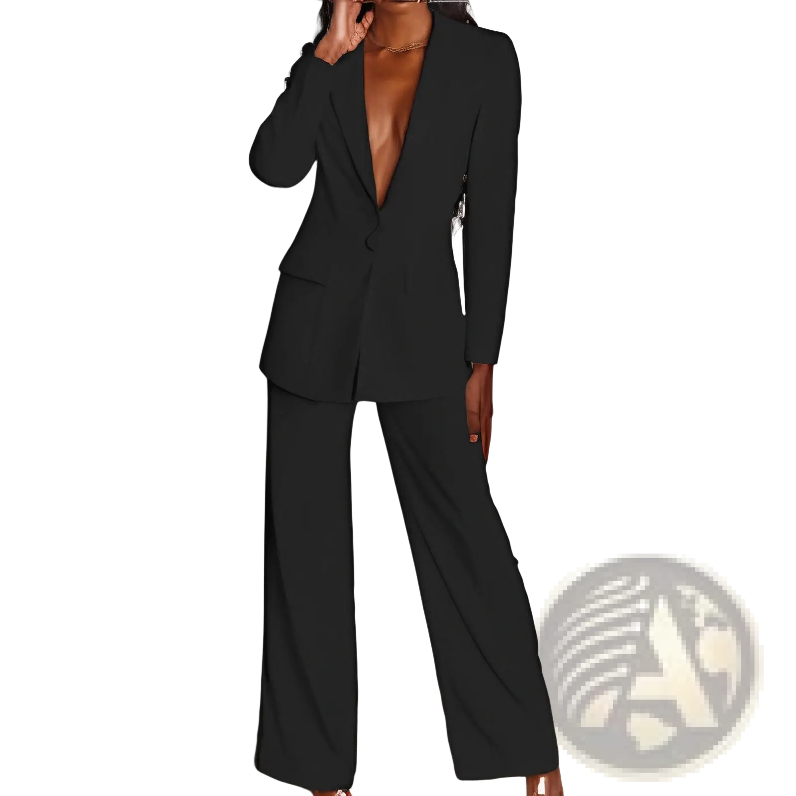Women’s tailored black blazer with deep v-neckline and long sleeves paired with matching wide-leg trousers suit set