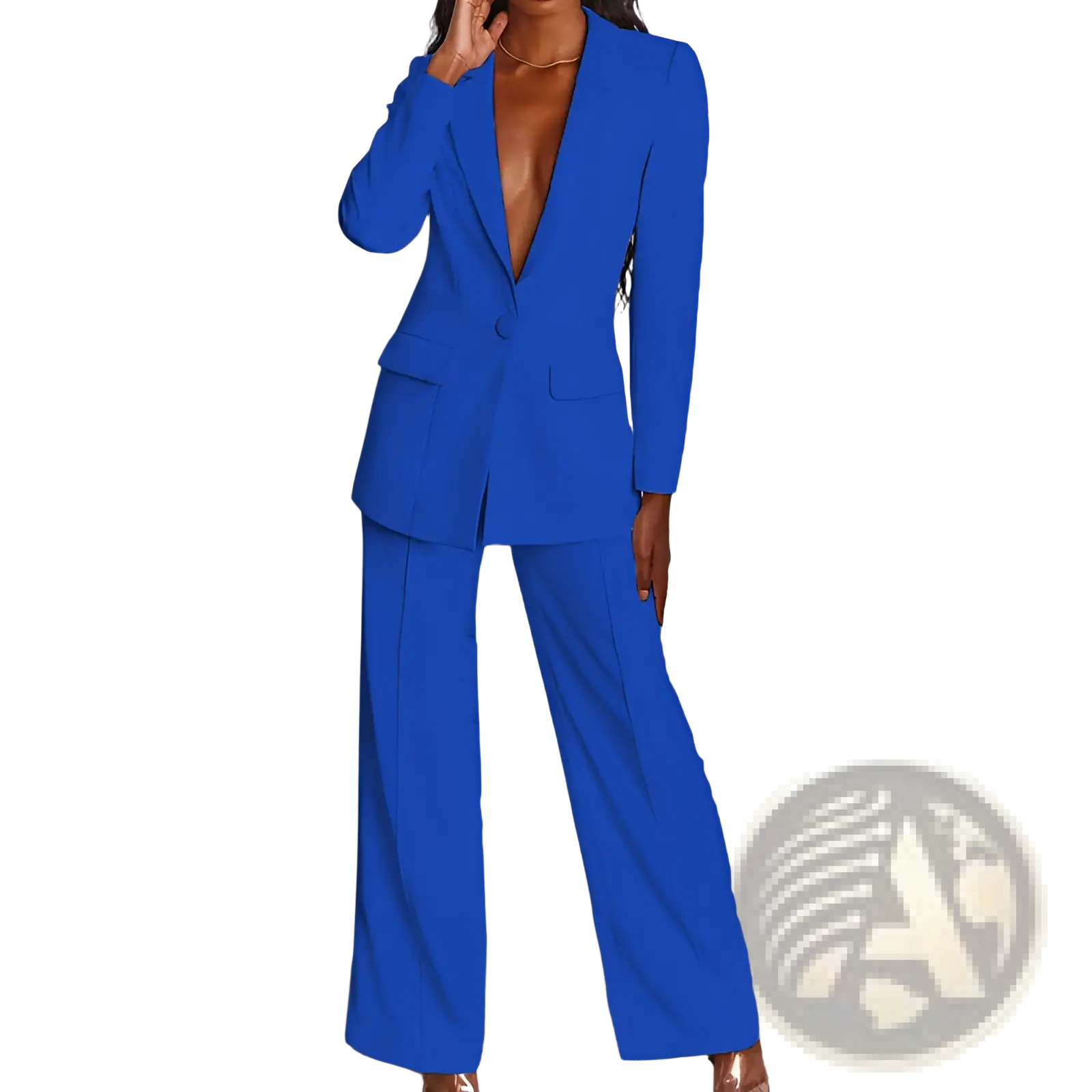 Women’s tailored royal blue two-piece suit set with blazer and wide-leg trousers in a vibrant fabric