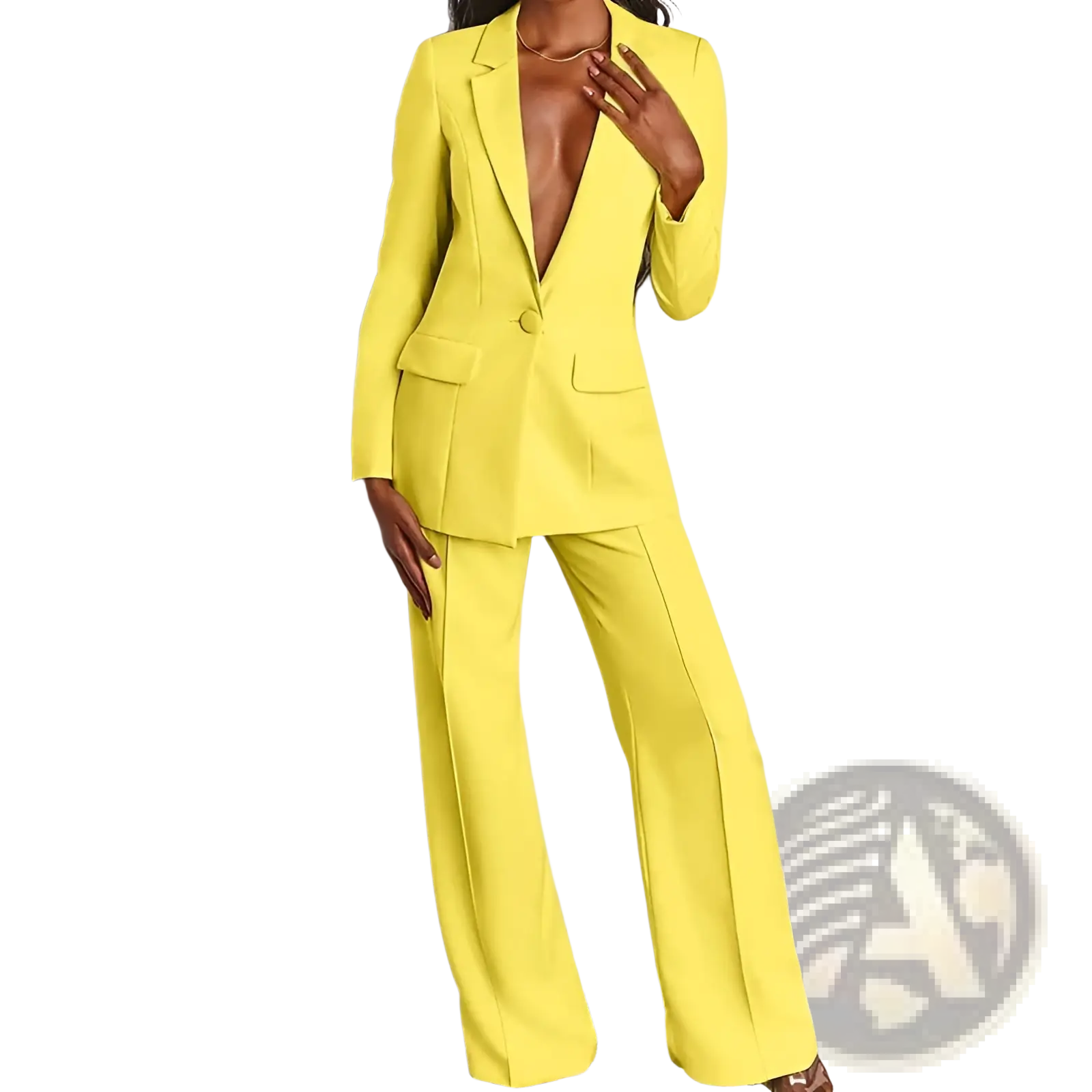 Women’s bright yellow tailored blazer and wide leg trousers suit set in a structured fabric for formal occasions
