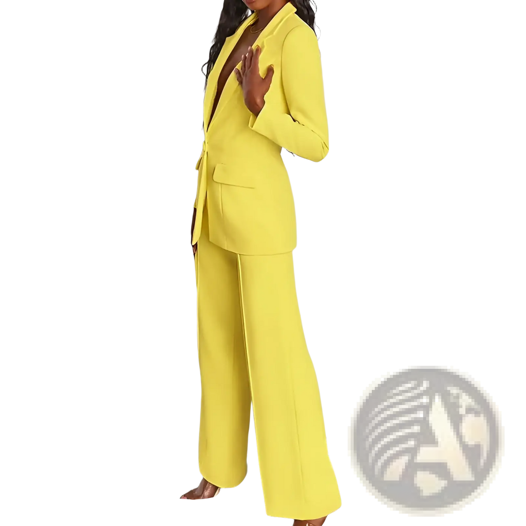 Women’s bright yellow tailored blazer and wide leg trousers suit set ideal for formal or professional wear