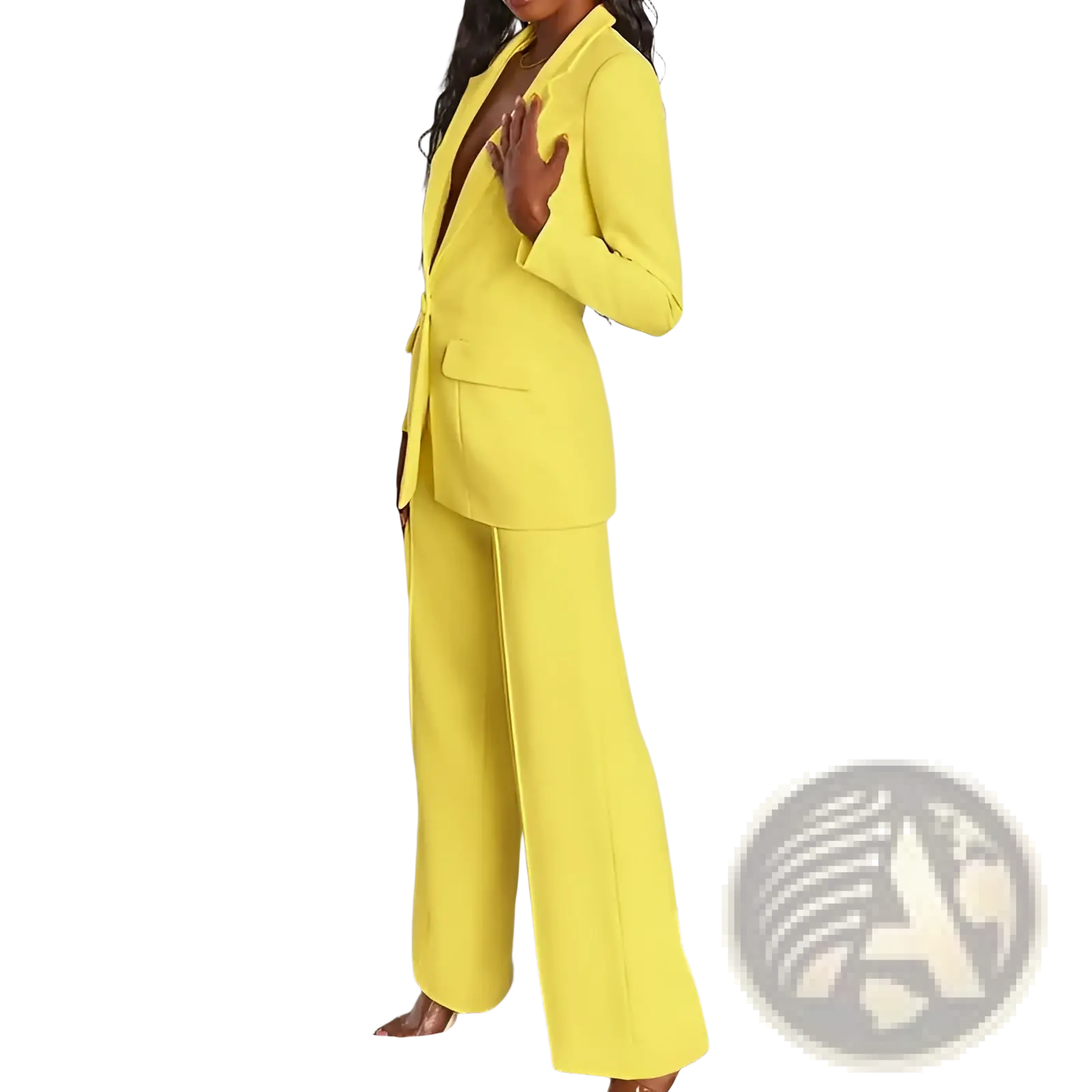 Women’s bright yellow tailored blazer and wide leg trousers suit set ideal for formal or professional wear