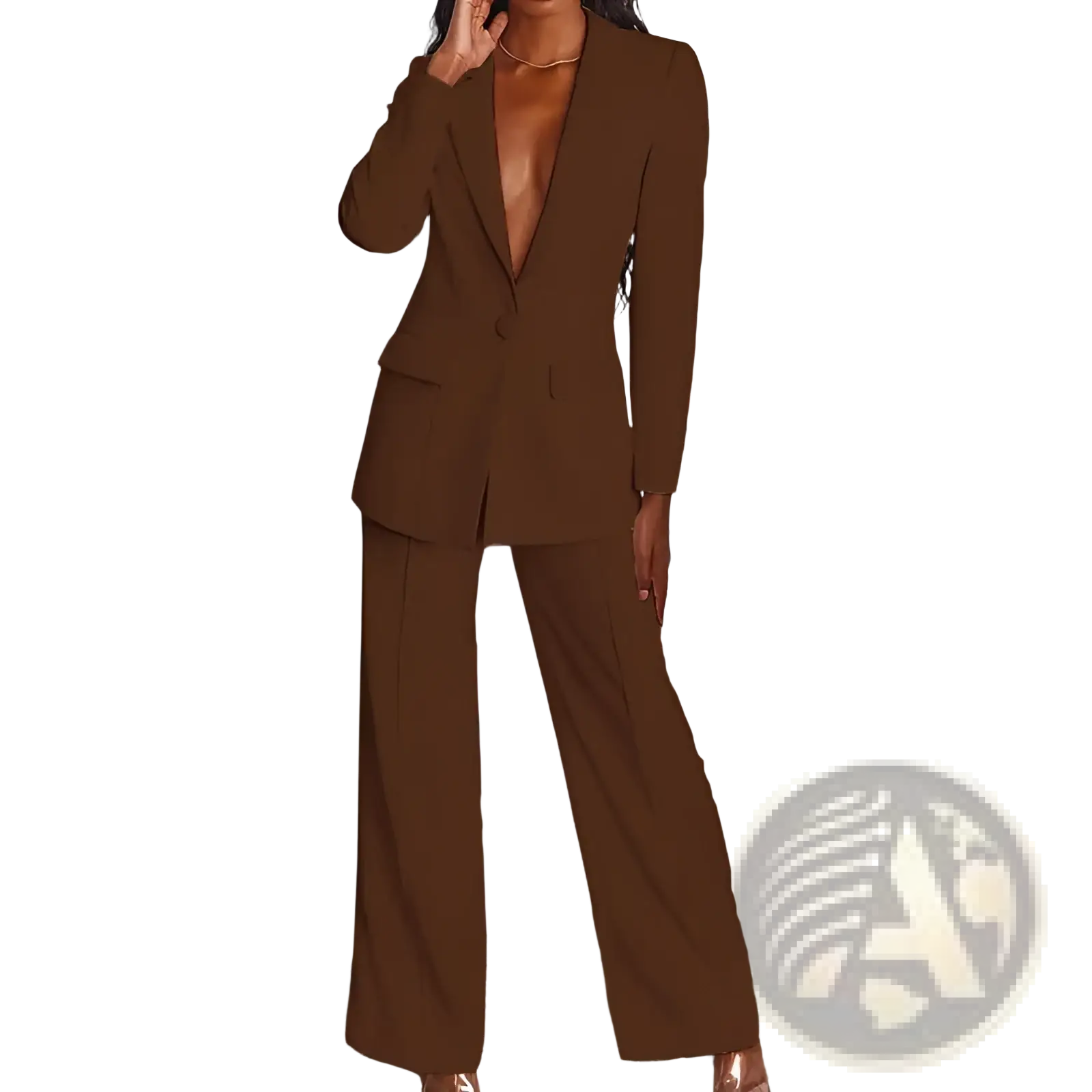 Brown tailored two-piece suit set for women featuring a blazer and wide-leg trousers in a formal style