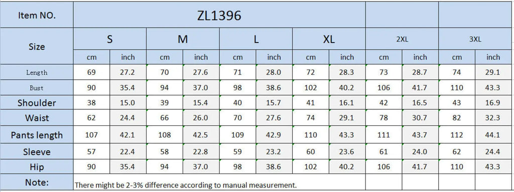 Size chart for zl1396 women’s tailored blazer and wide leg trouser suit set with measurements in cm and inch from s to 3xl