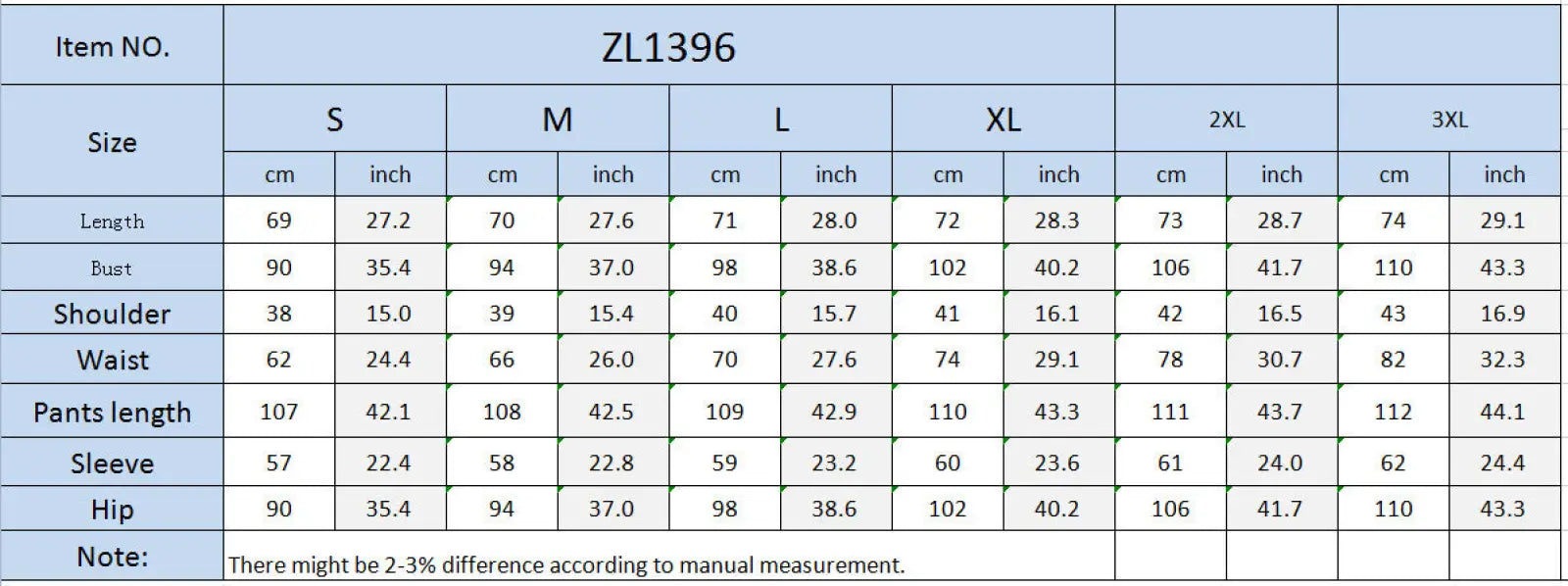 Size chart for zl1396 women’s tailored blazer and wide leg trouser suit set with measurements in cm and inch from s to 3xl