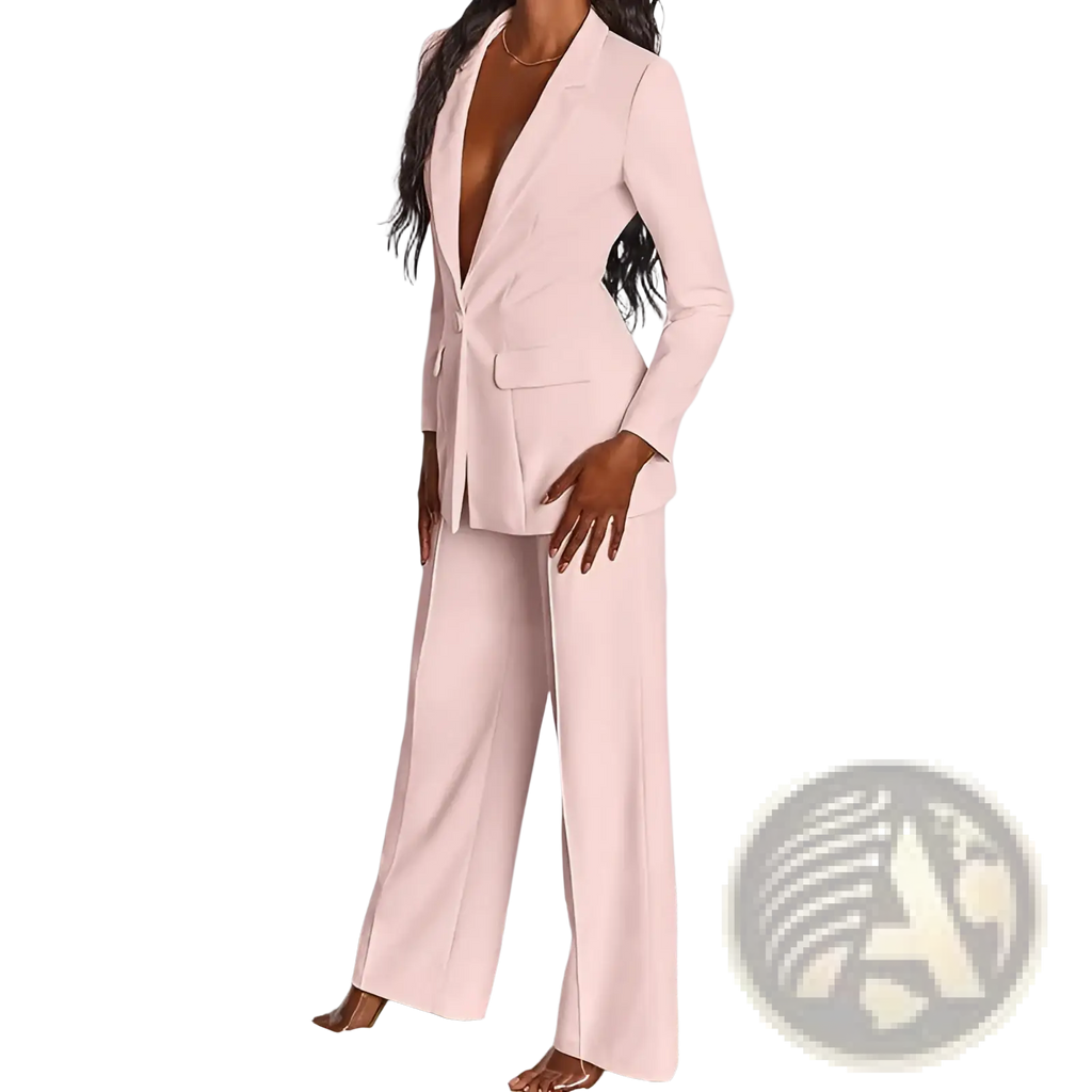 A sleek blush pink women’s tailored blazer and wide leg trouser suit set featuring a fitted silhouette and soft fabric
