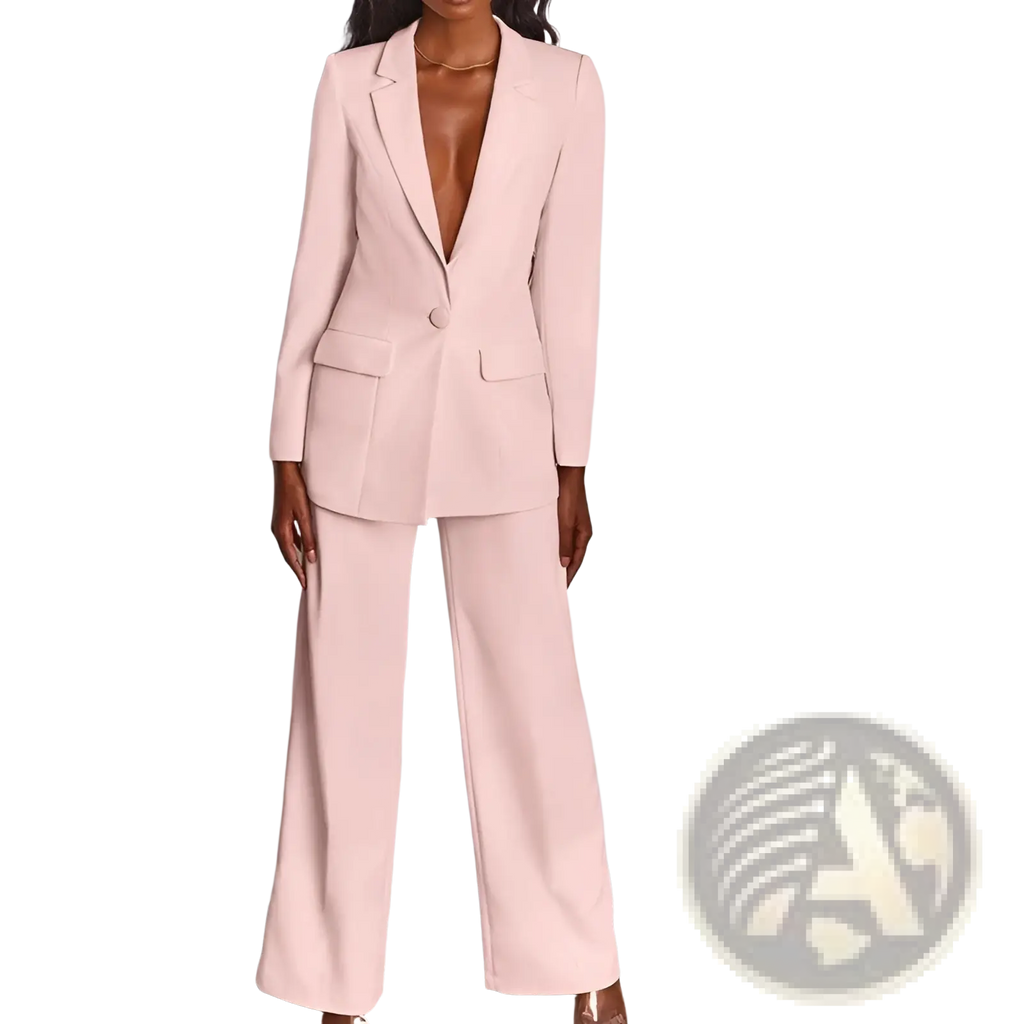 Women’s tailored blazer and wide leg trouser suit set in stylish pink smooth tailored fabric with double-breasted design