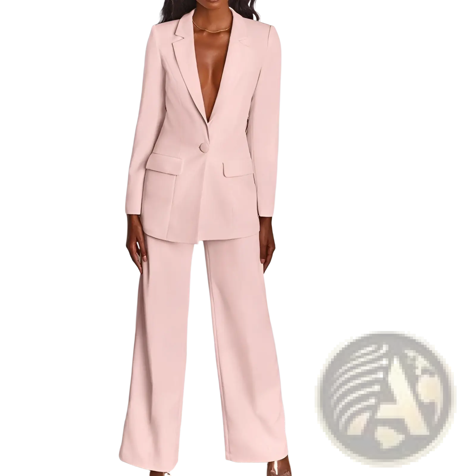 Women’s tailored blazer and wide leg trouser suit set in stylish pink smooth tailored fabric with double-breasted design