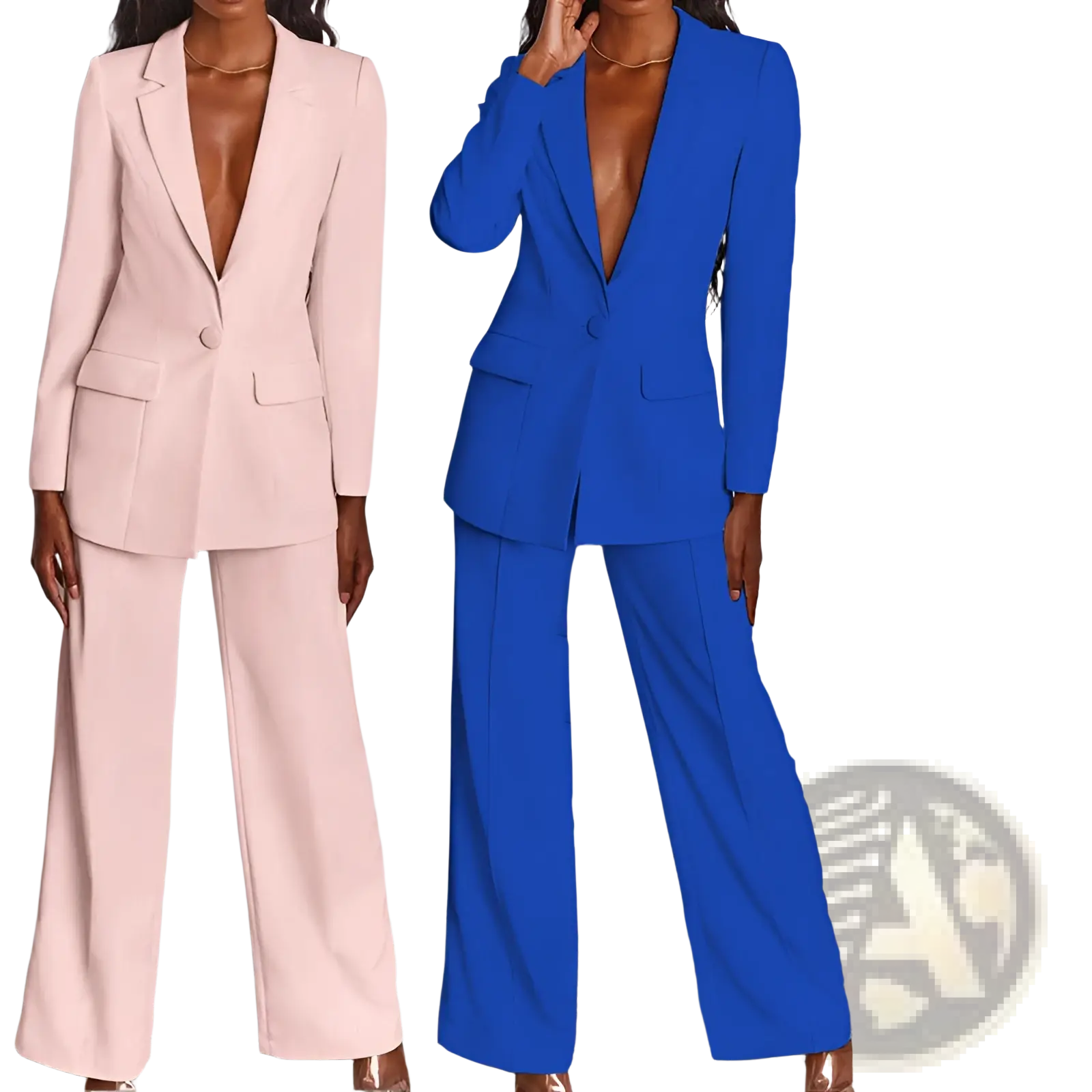 A stylish women’s tailored blazer and wide leg trouser suit set in bold solid blue with single button closure