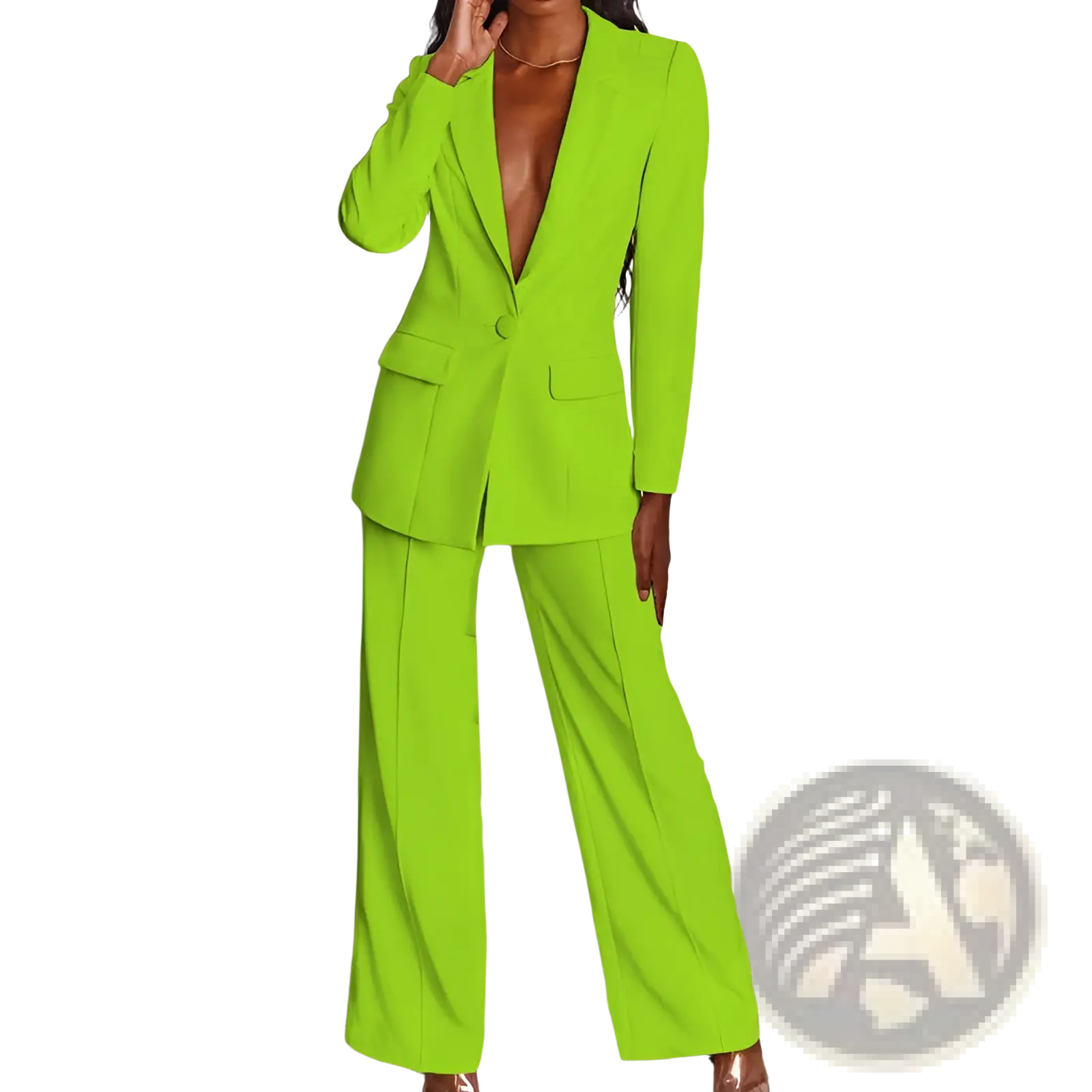 Vibrant lime green women’s tailored blazer and wide leg trouser suit set in a smooth fabric for formal occasions