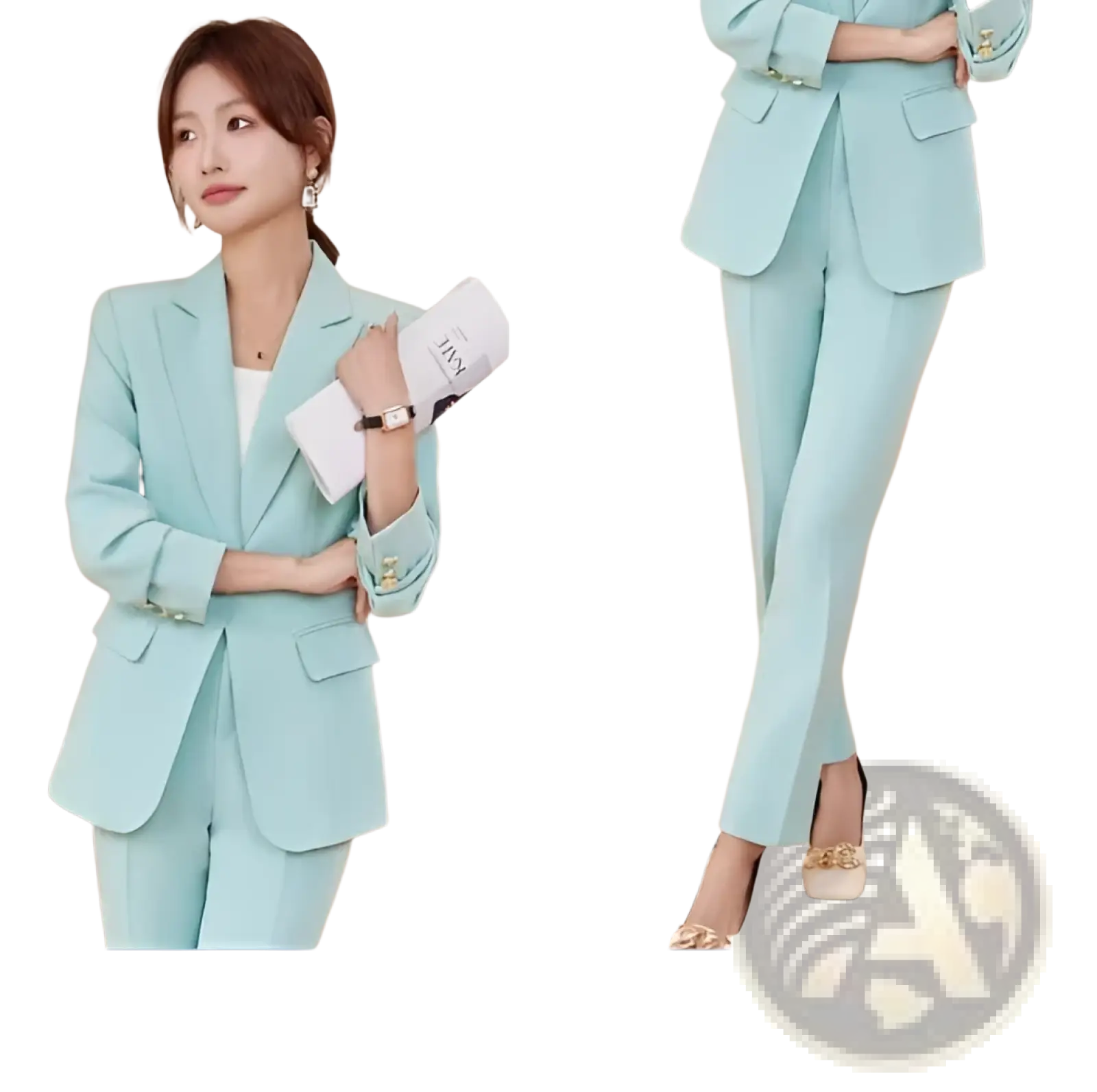 Mint green women’s tailored blazer and wide leg trouser suit set featuring a two-piece design and elegant fit