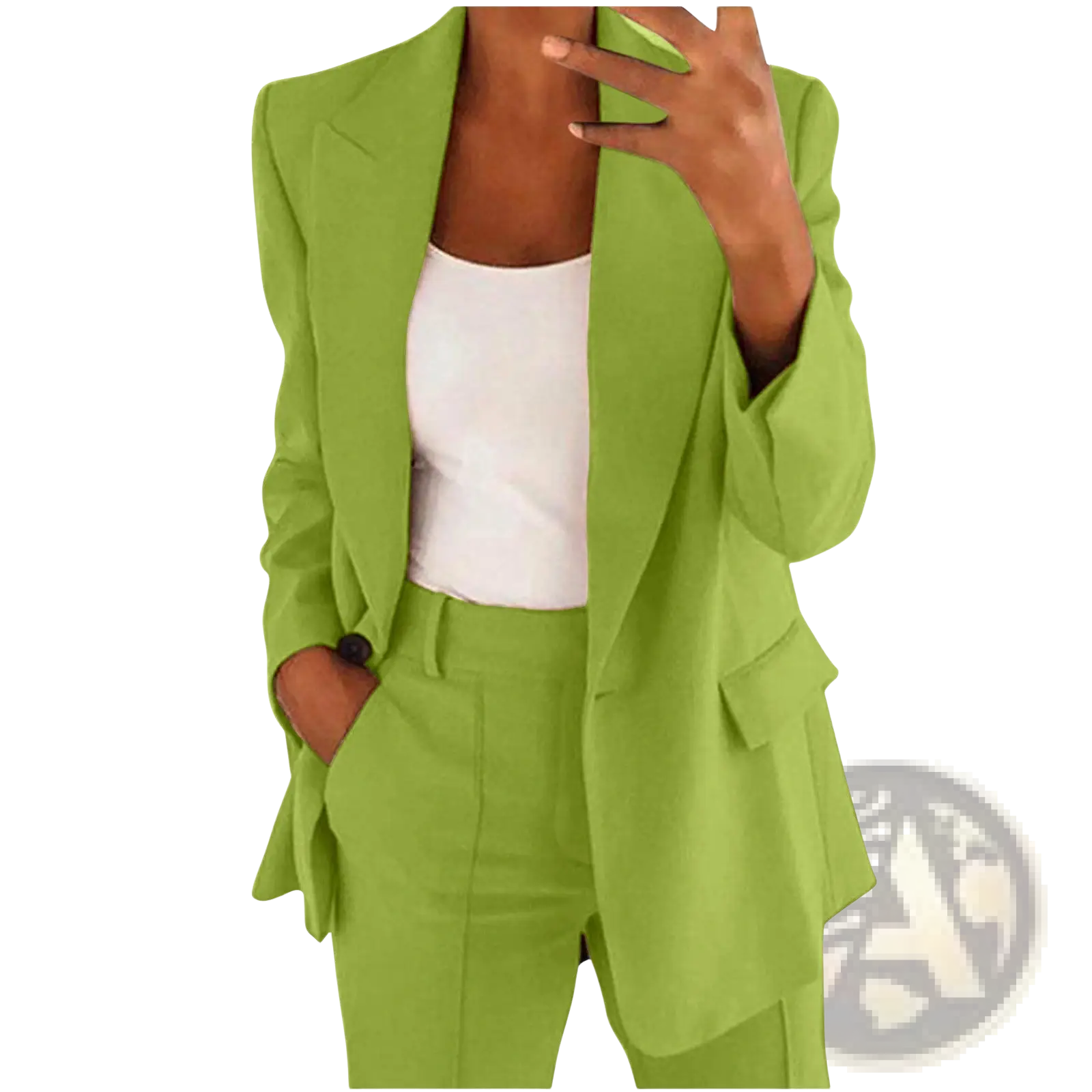 Lime green women’s tailored blazer and wide leg trouser suit set in a sleek tailored design and matching trousers