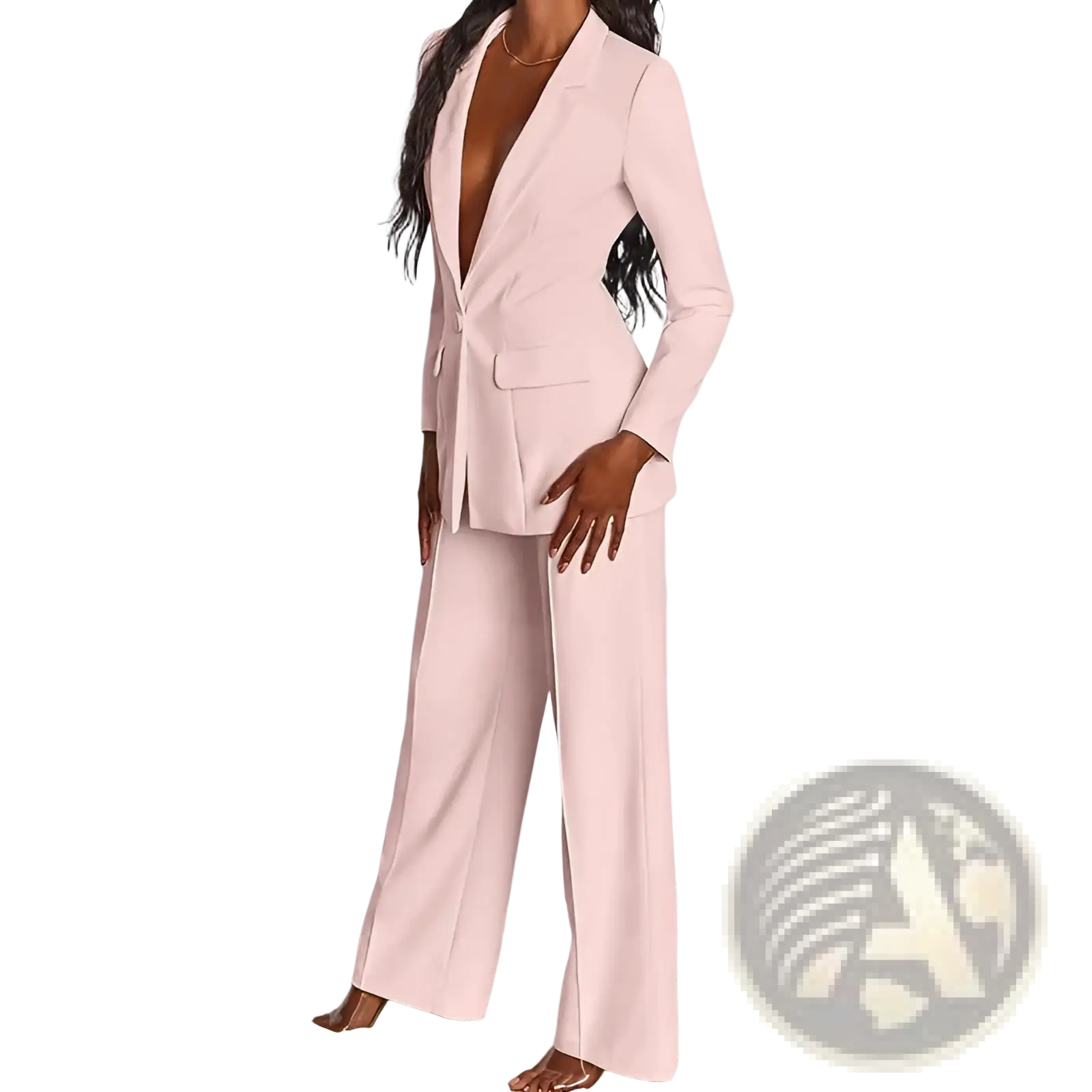 Women’s tailored blazer and wide leg trouser suit set in sleek blush pink with a tailored fit for formal occasions