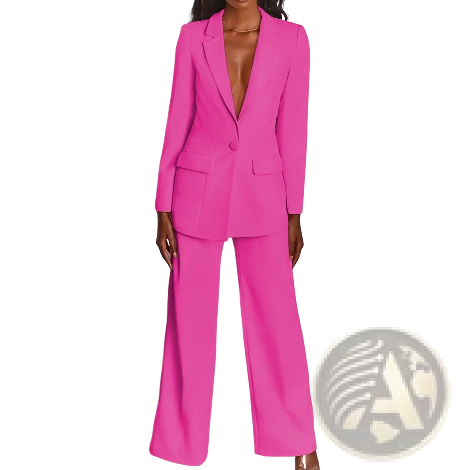 Vibrant fuchsia women’s tailored blazer and wide leg trouser suit set with structured silhouette in premium fabric