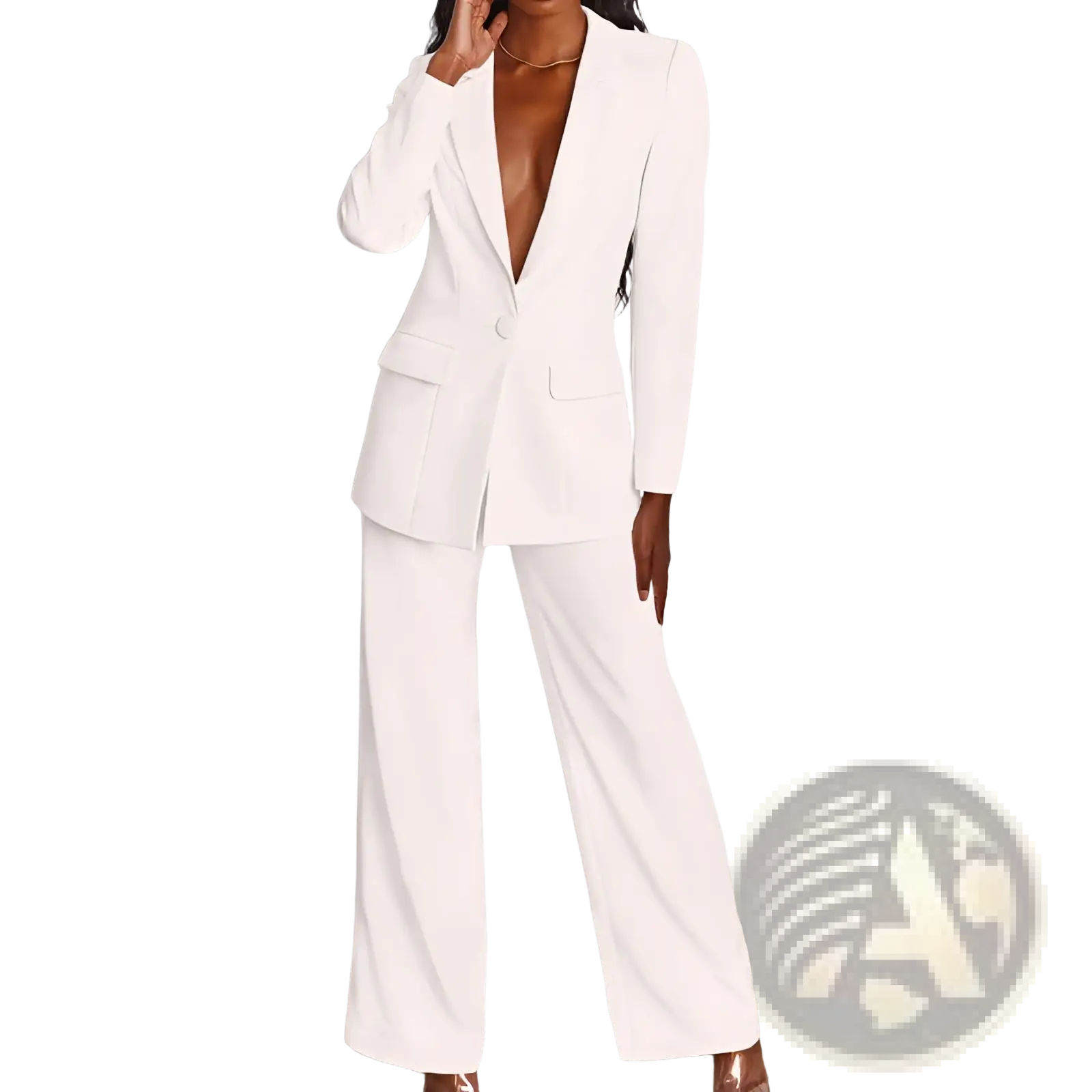 White tailored blazer and wide leg trouser suit set made of structured fabric for women in a formal style