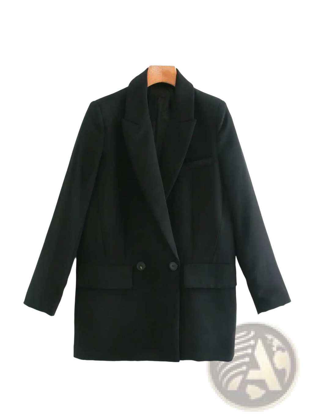Black tailored women’s double breasted longline blazer coat with notched lapels and two front buttons