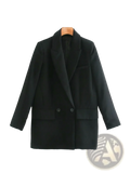 Black tailored women’s double breasted longline blazer coat with notched lapels and two front buttons