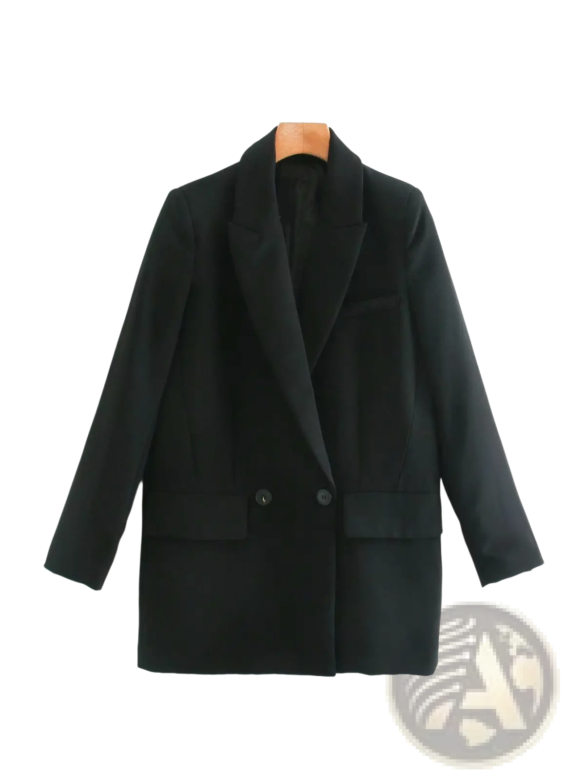 Black tailored women’s double breasted longline blazer coat with notched lapels and two front buttons