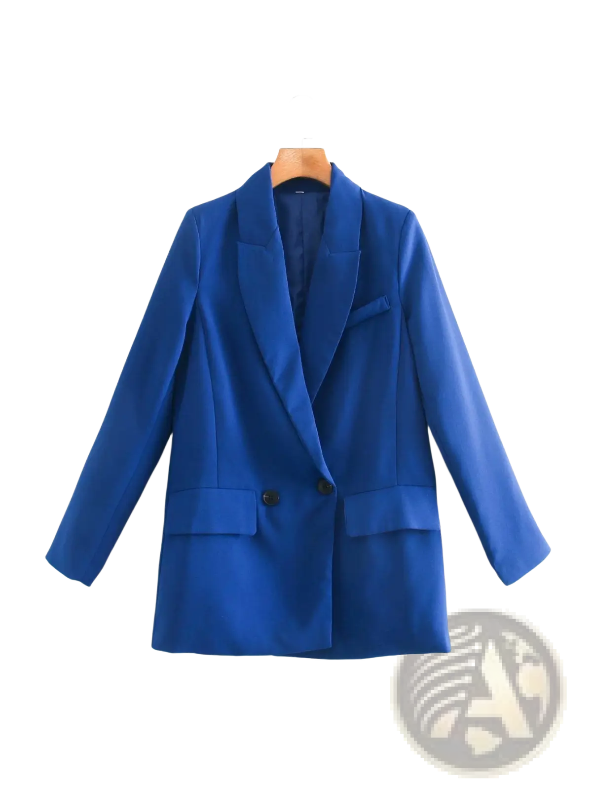 A vibrant royal blue women’s tailored double breasted longline blazer coat with sleek fit and black buttons