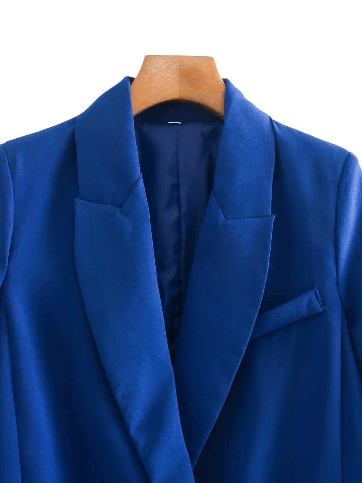 A vibrant royal blue women’s tailored double breasted longline blazer coat with a sleek fit and notched lapels
