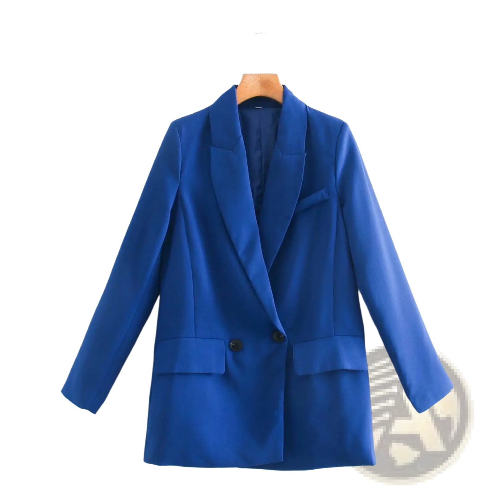 A vibrant royal blue women’s tailored double breasted longline blazer coat with a sleek tailored fit
