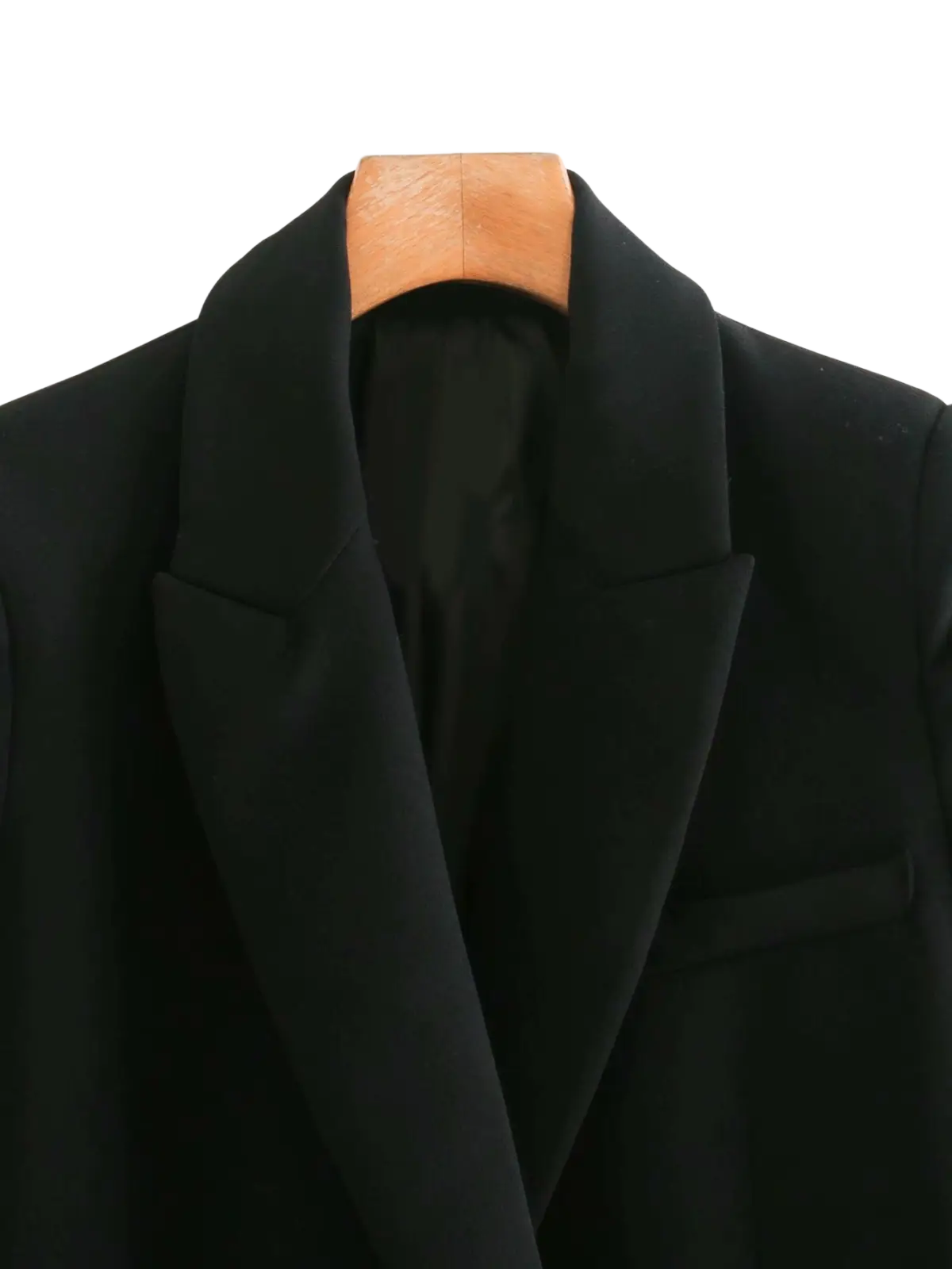 Black wool women’s tailored double breasted longline blazer coat with notched lapels and structured collar