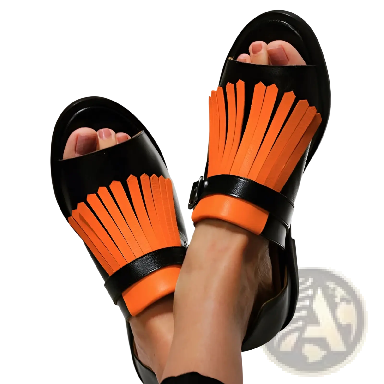 Women’s tassel leather beach sandals in black and cream with black and orange fringe and a sleek modern design
