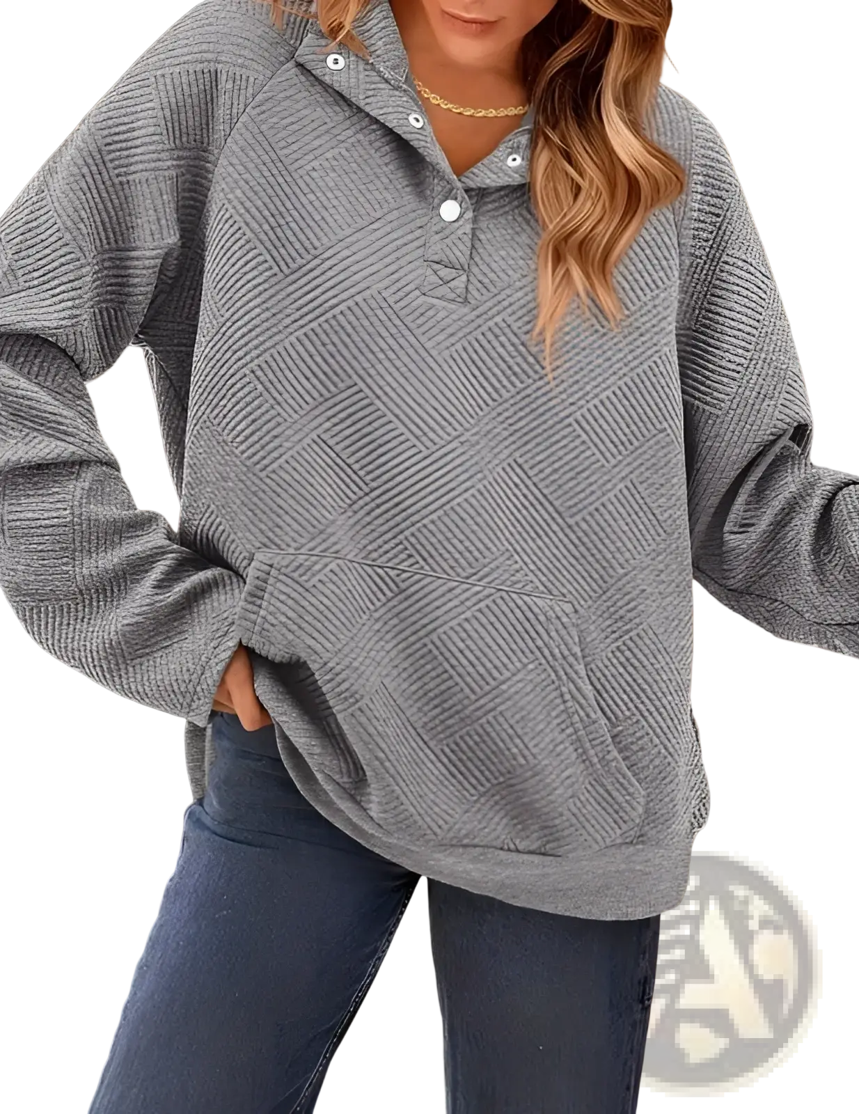Women’s gray textured knit hoodie with buttoned placket and front pocket long sleeve for casual wear