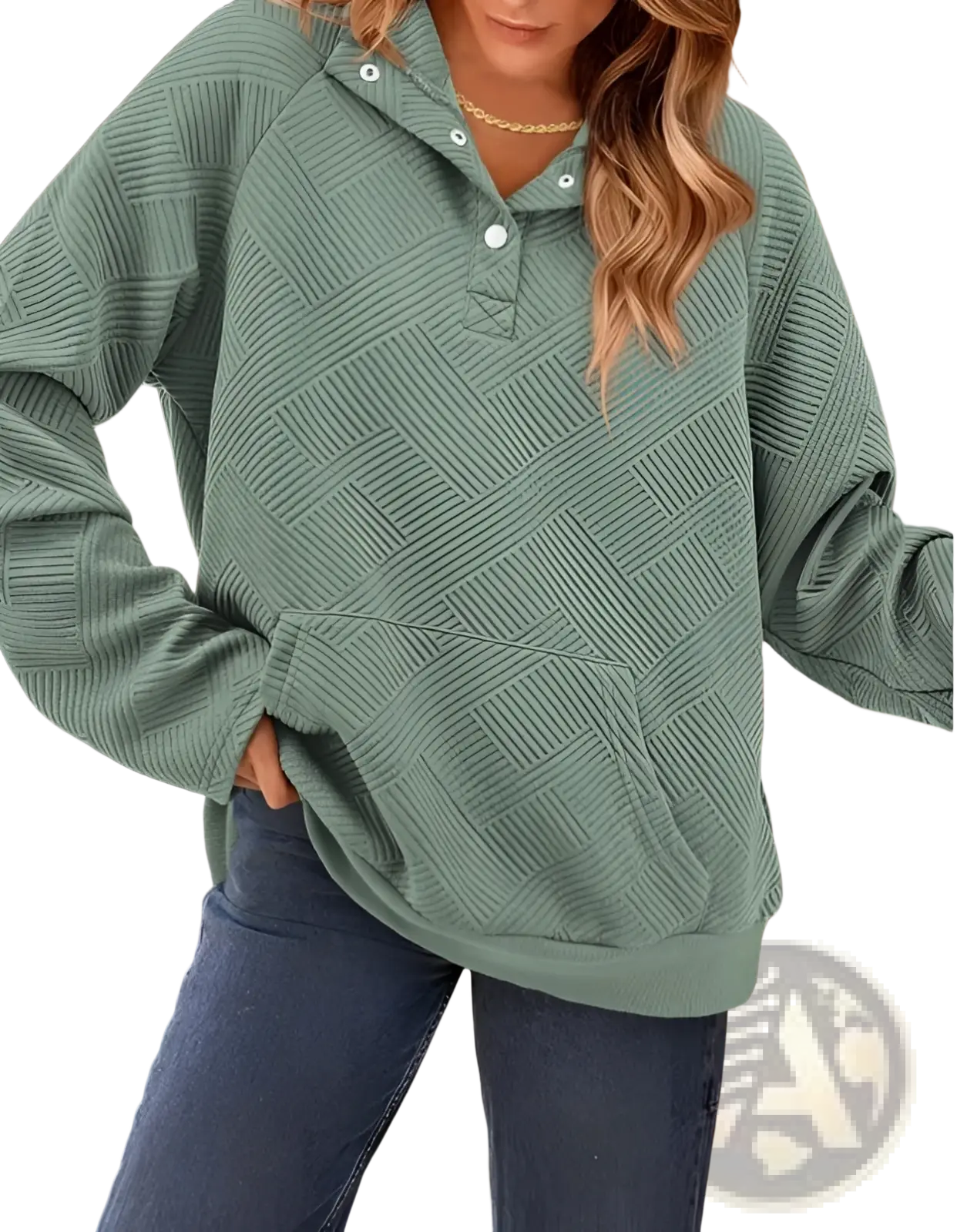 Women’s textured knit buttoned long sleeve hoodie in soft sage green with subtle geometric pattern and textured fabric