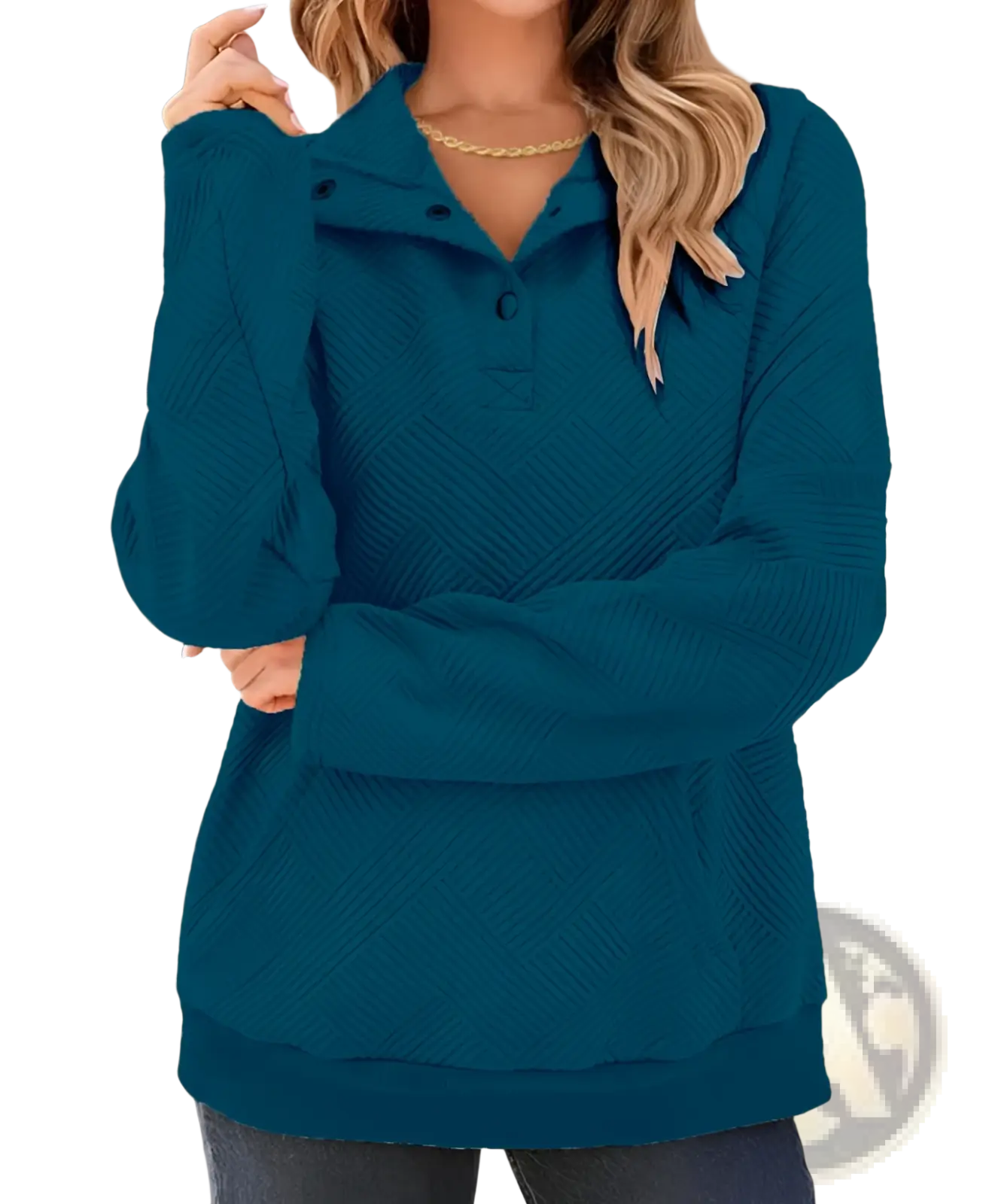 Women’s teal ribbed knit long-sleeved polo sweater with buttoned collar textured knit material