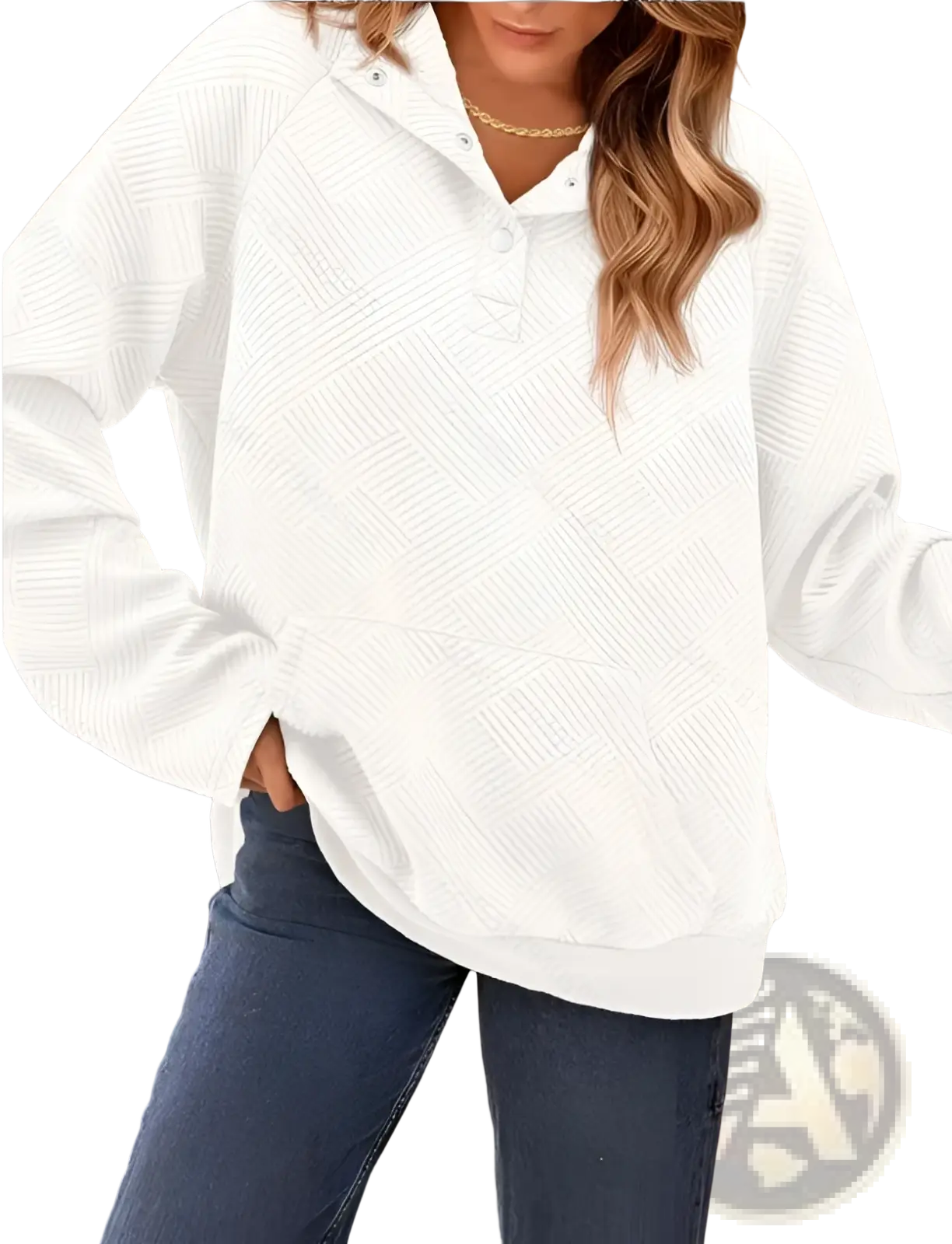 White textured knit long sleeve henley top with buttoned placket and ribbed cuffs for women