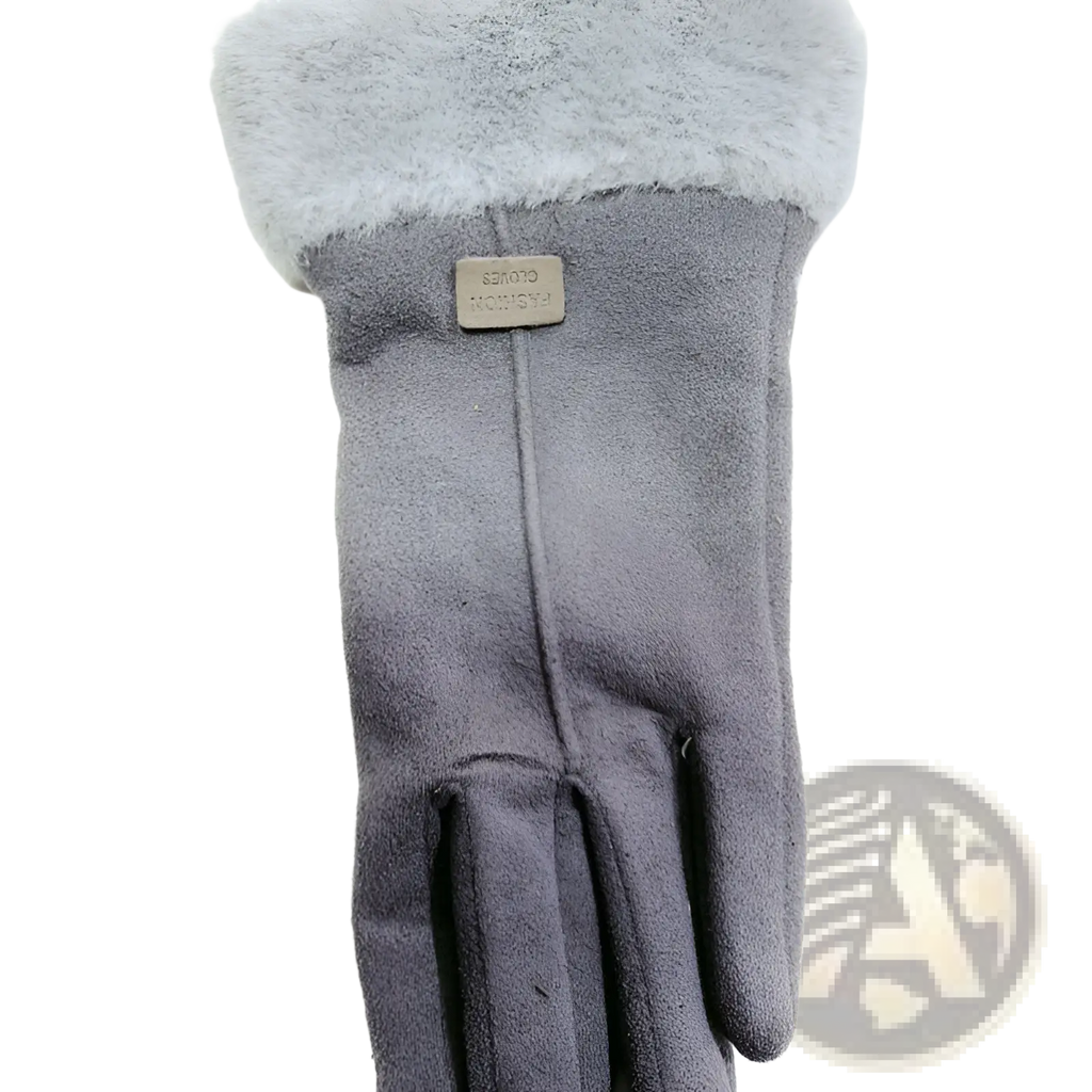 Gray thermal suede touchscreen glove with fluffy gray cuff and rectangular brand tag shown from the back side