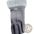 Gray thermal suede touchscreen glove with fluffy gray cuff and rectangular brand tag shown from the back side