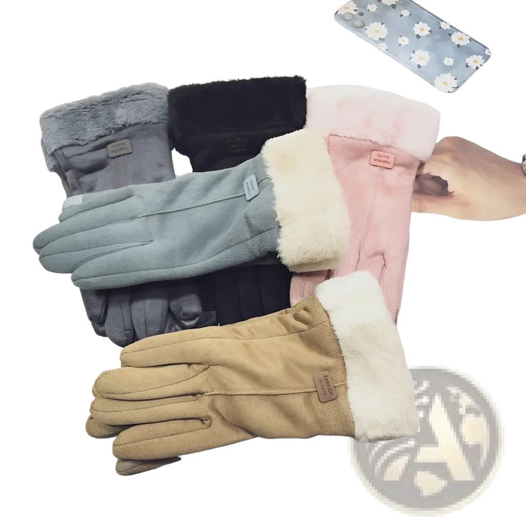 A collection of women’s thermal suede touchscreen gloves in muted gray, black, pink, and tan with faux-fur lining