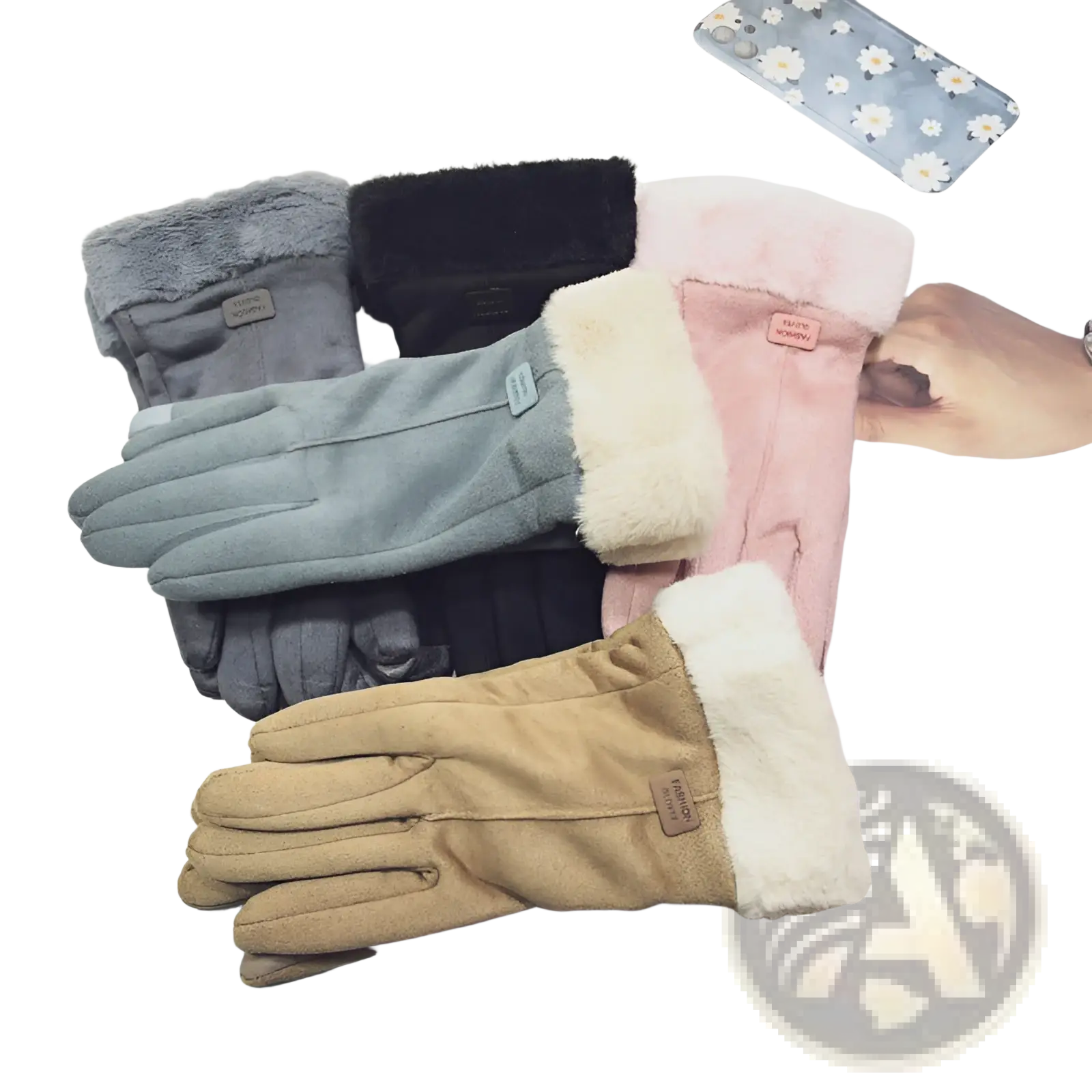 A collection of women’s thermal suede touchscreen gloves in muted gray, black, pink, and tan with faux-fur lining