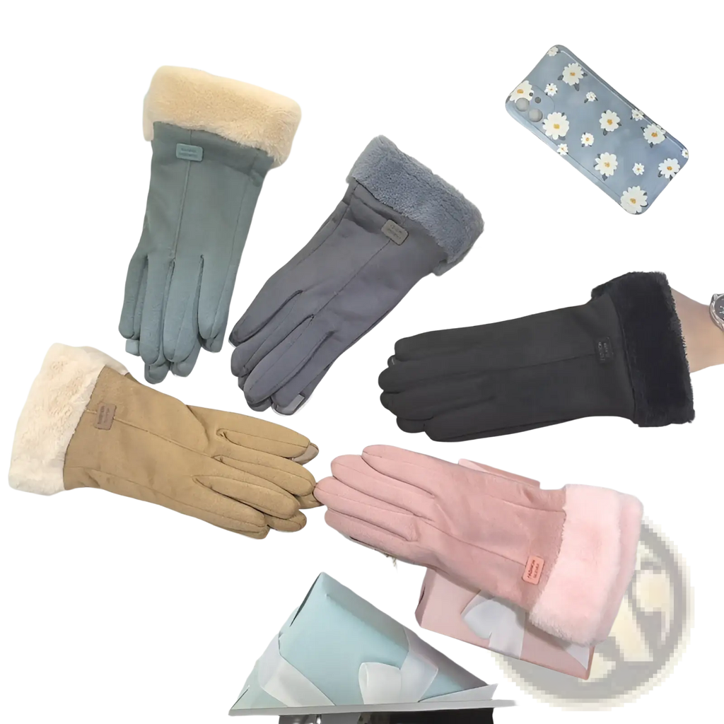 A collection of women’s thermal suede touchscreen gloves in gray black tan and pink with fleece-lined faux fur cuffs