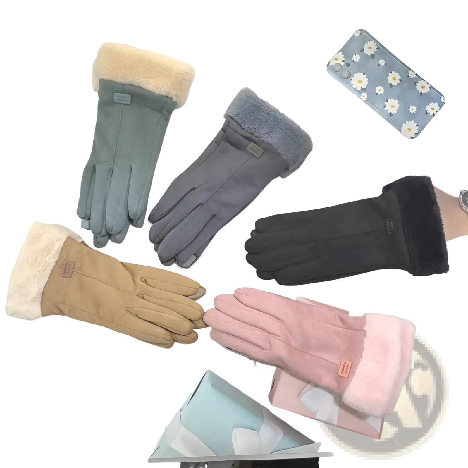 A collection of women’s thermal suede touchscreen gloves in gray black tan and pink with fleece-lined faux fur cuffs