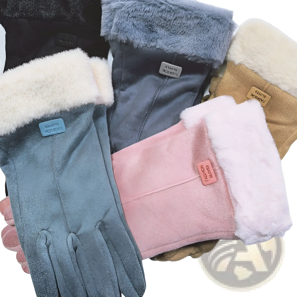 Women’s thermal suede touchscreen gloves in gray with faux fur lining and plush white cuff for warmth and style