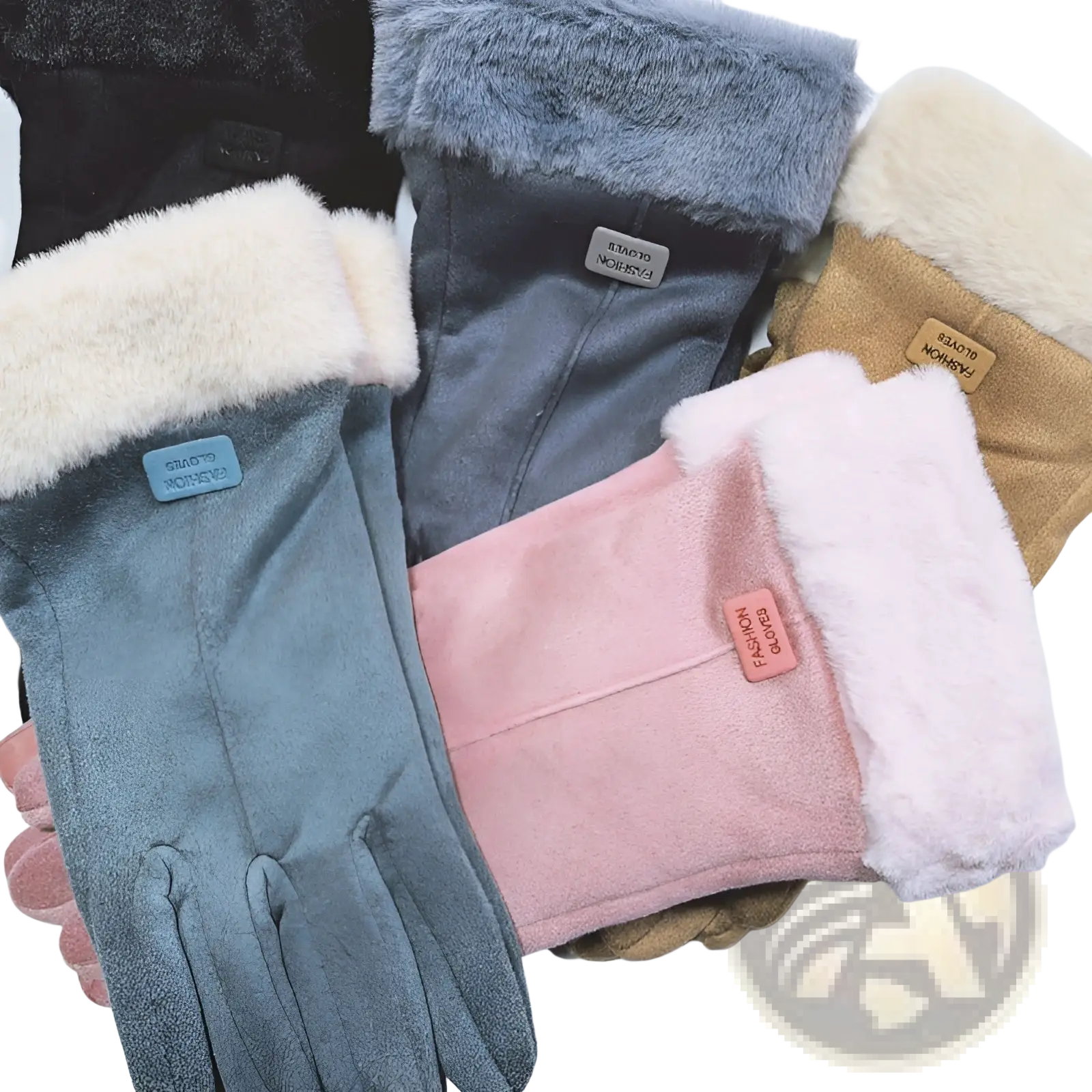 Women’s thermal suede touchscreen gloves in gray with faux fur lining and plush white cuff for warmth and style