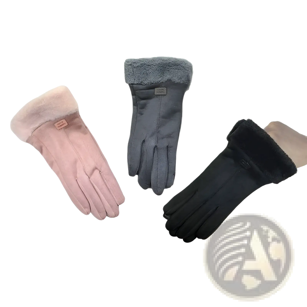 Women’s thermal suede touchscreen gloves in soft pink gray and black with cozy faux-fur lining for warmth