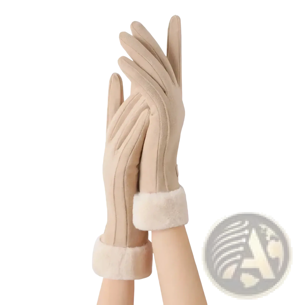 Beige leather women’s thermal touch screen winter cycling gloves with plush white fur cuffs shown from the back side
