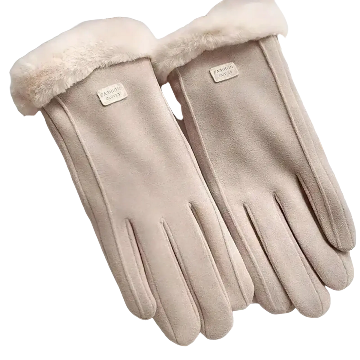 Beige suede women’s thermal touch screen winter cycling gloves with plush white fur trim and small brand tag visible