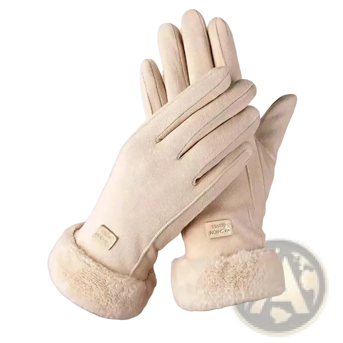 Beige suede women’s thermal touch screen winter cycling gloves with plush fleece lining and brand tag on the wrist back side