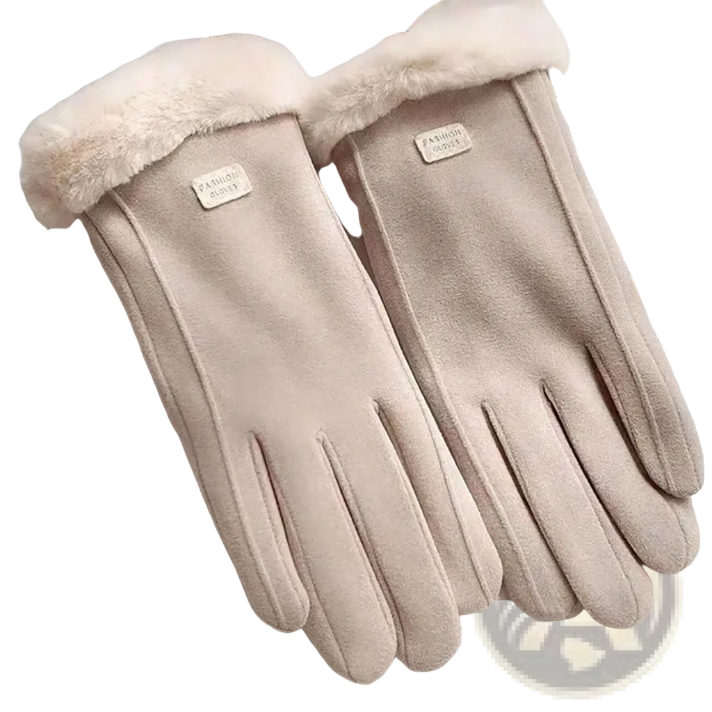 Beige suede women’s thermal touch screen winter cycling gloves with plush white fur trim and small brand tag