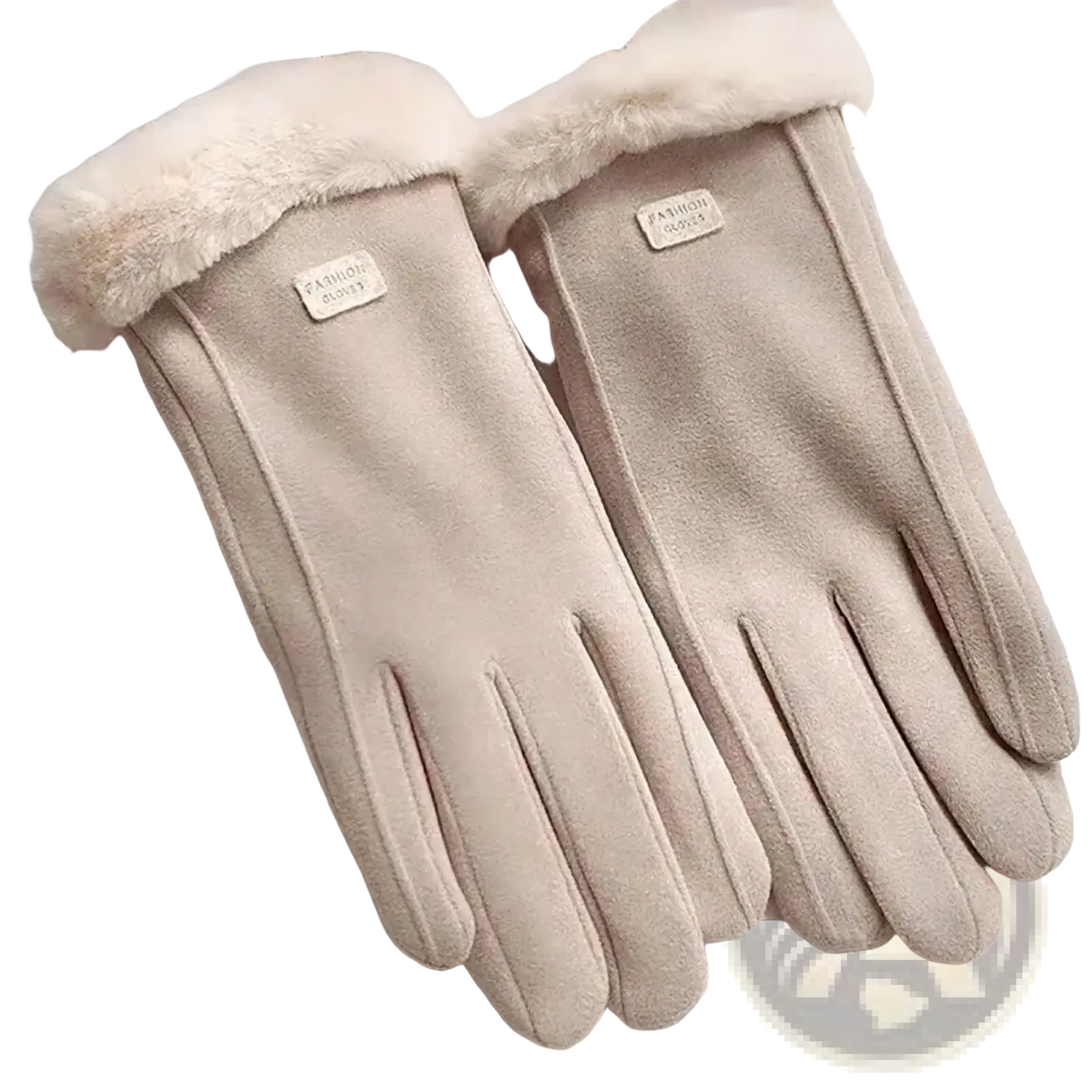 Beige suede women’s thermal touch screen winter cycling gloves with plush white fur trim and small brand tag