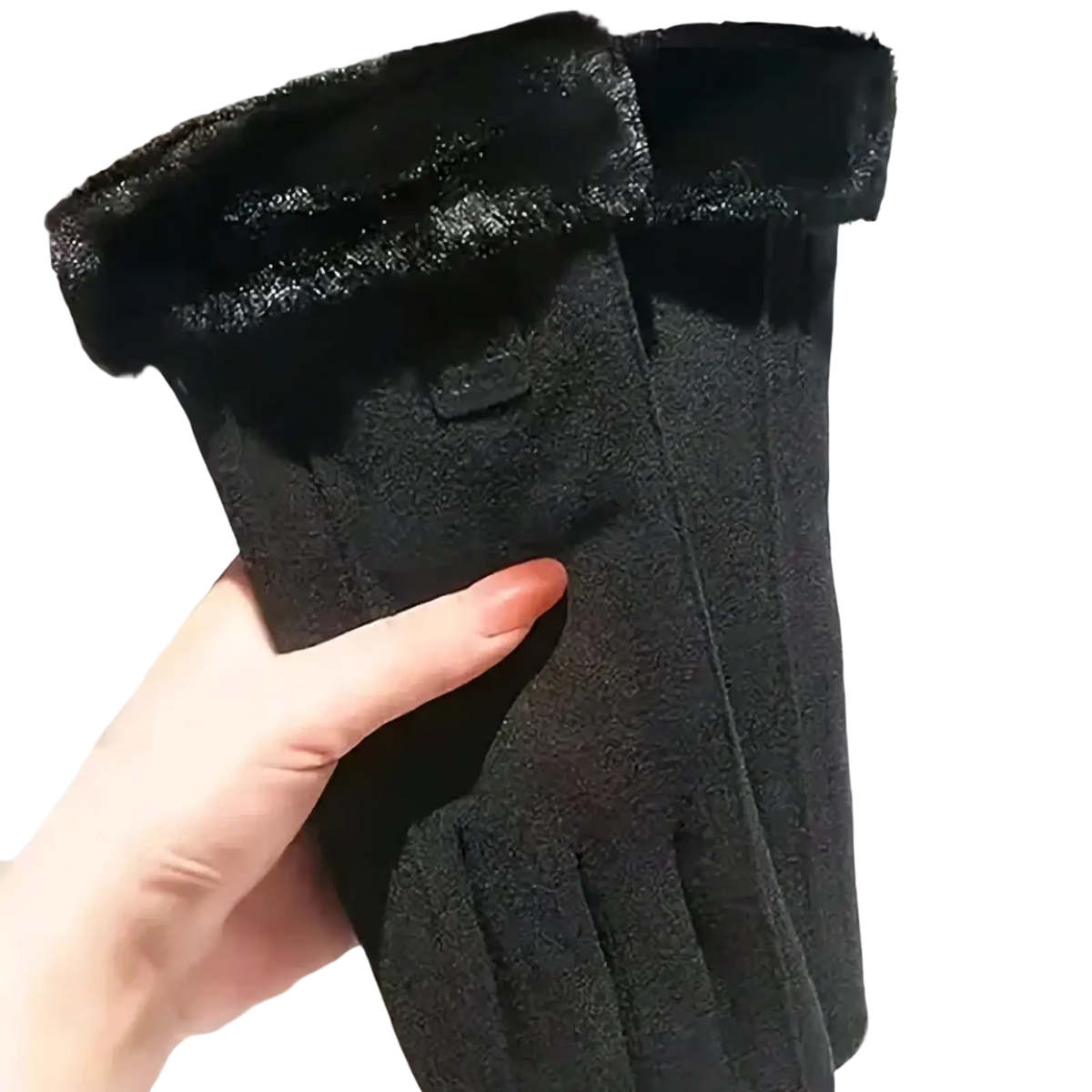 Women’s thermal touch screen winter cycling gloves in black with plush fuzzy lining and textured outer material shown from back side