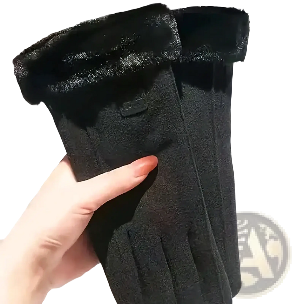Black women’s thermal touch screen winter cycling gloves with plush fuzzy lining and textured outer material back side