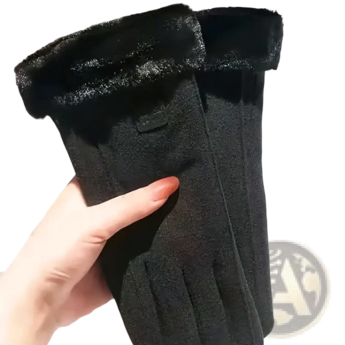 Women’s thermal touch screen winter cycling gloves in black with plush fuzzy lining and textured outer material shown from back side