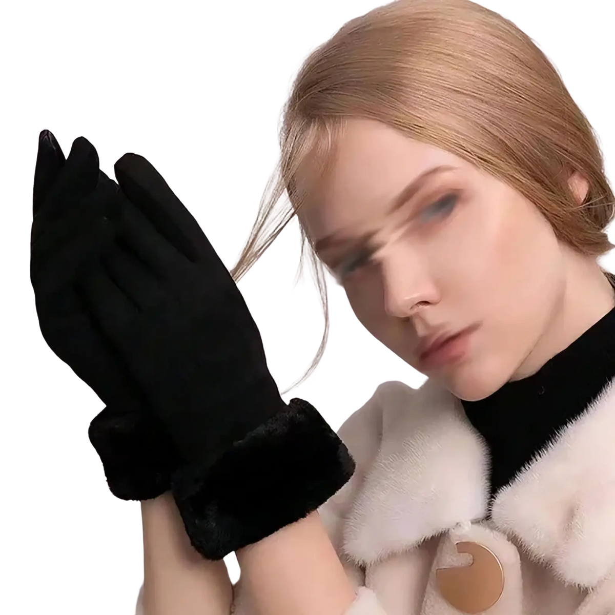 Black women’s thermal touch screen winter cycling gloves with plush fuzzy cuff shown from back side