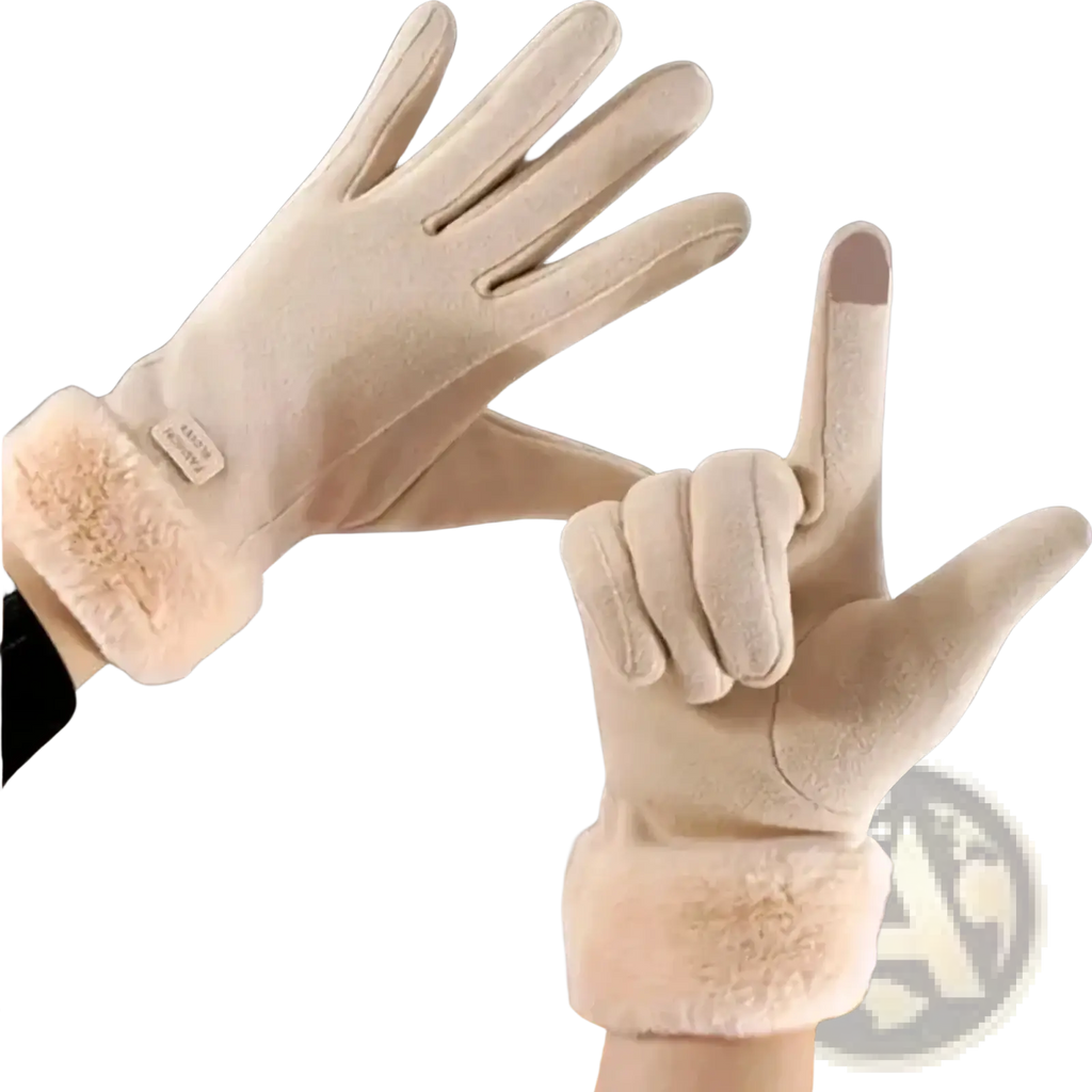Cream-colored women’s thermal touch screen winter cycling gloves with plush fur, suede-like exterior, and fleece-lined cuffs