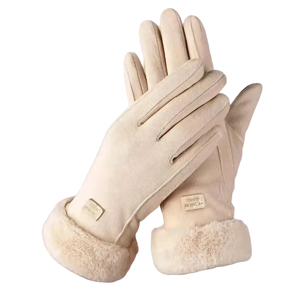 Cream-colored women’s thermal touch screen winter cycling gloves with shearling lining and smooth outer material